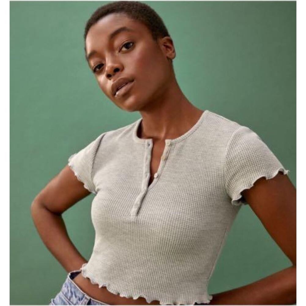 Reformation Jeans Gray Laguna Waffle Knit Cropped Top Lettuce Trim Y2K